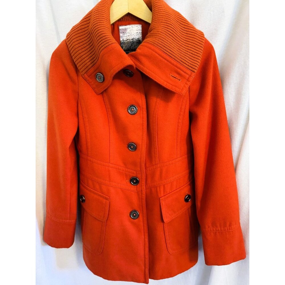 Kenzie Vintage Orange Wool Jacket with knit flared collar, Size M